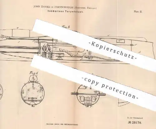 original Patent - John Davies , Farnborough Hampshire , England | 1883 | Submarines Torpedoboot | Torpedo Boot | Schiff