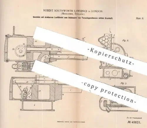 original Patent - Robert Southworth Lawrence , London , Middlesex , England | 1889 | Geschütz für Torpedo , Geschoss !!