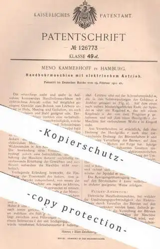 original Patent - Meno Kammerhoff , Hamburg , 1901 , Handbohrmaschine mit elektrischem Antrieb | Bohrmaschine | Bohrer