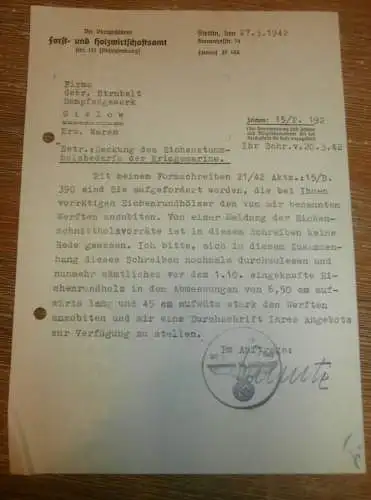 Eichenholz für Kriegsmarine , 1942 , Strubelt in Gielow i. Mecklenburg , altes Dokument !!