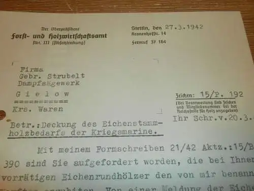 Eichenholz für Kriegsmarine , 1942 , Strubelt in Gielow i. Mecklenburg , altes Dokument !!