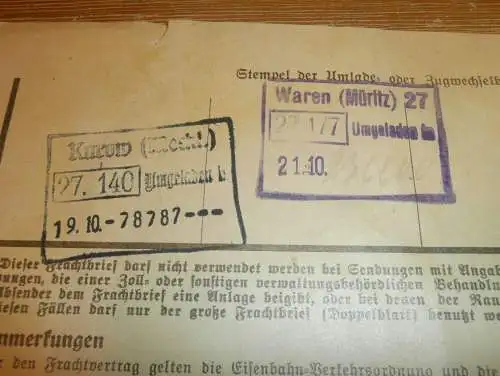 Frachtbrief Eisenbahn , 1944 , Waren / Müritz , Karow , Pritzwalk , Kampffmeyer ,  Strubelt in Gielow i. Mecklenburg !!