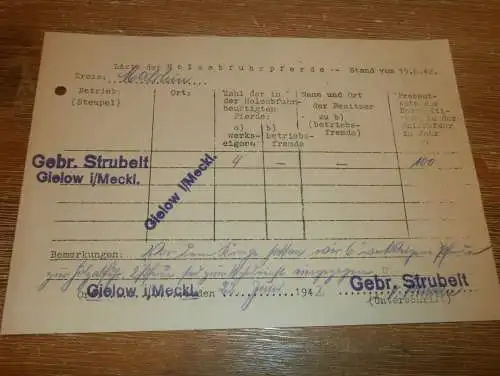 Pferdeliste - Gebrüder Strubelt in Gielow i. Mecklenburg , 1942 ,  Malchin , Holz , Sägewerk !!