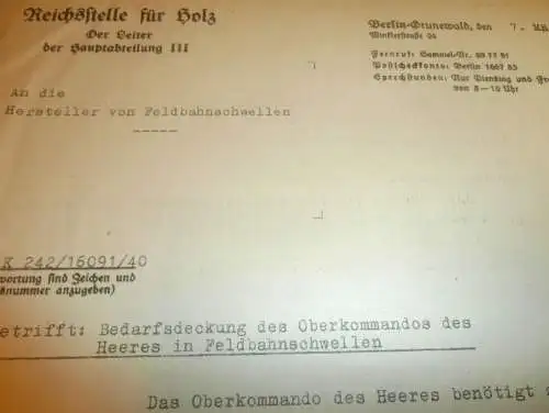 Feldbahn - Bahnschwellen für OKH , 1940 , Reichsstelle für Holz , Gielow b. Malchin in Mecklenburg  !!