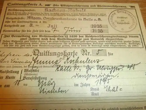 Quittungskarte Emma Kühnlenz in Halle a.S., 1915 , mit Marken , Arthur Löwenberg , Krankenkasse !!