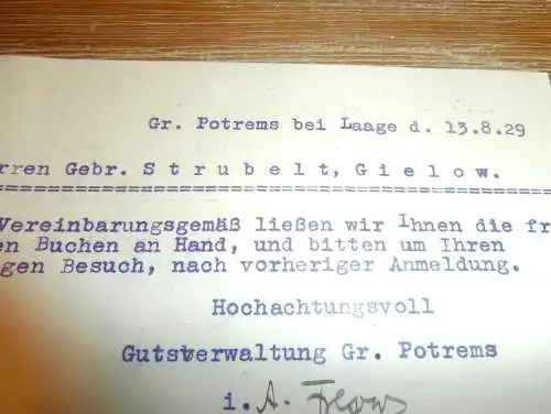 Gutsverwaltung Groß Potrems b. Laage in Mecklenburg , 1929 , Scharstorf , Dampfsägerei Strubel in Gielow , alte Karte !!