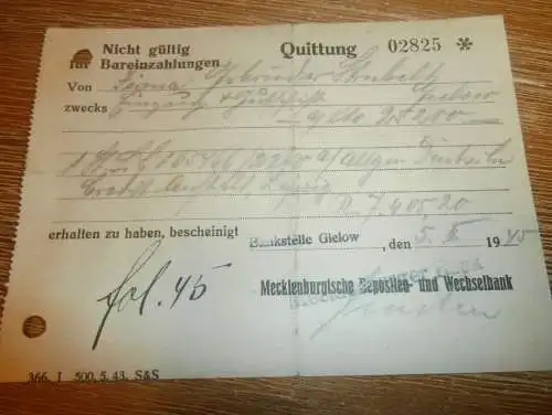 Gebrüder Strubelt in Gielow , 1945 , Bank , Überweisung / Zahlung , Scheck , Sparkasse !!