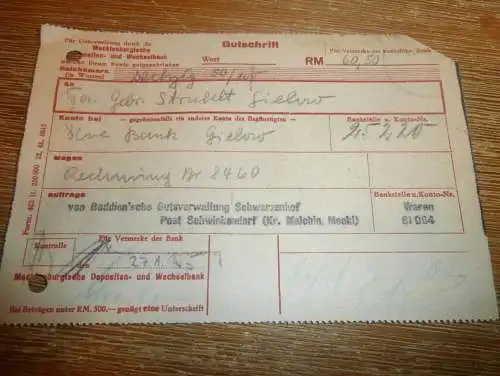 Boddien`sche Gutsverwaltung Schwarzenhof / Post Schinkendorf , 1945 , Überweisung / Zahlung , Scheck !!