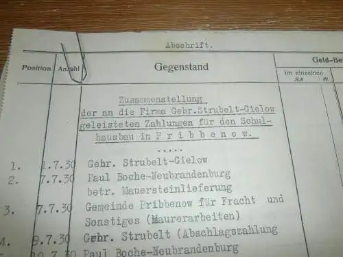 Zahlungen für Schulhausbau Pribbenow i. Mecklenburg , 1931 , Dampfsägewerk Strubelt in Gielow , alte Dokumente !!!