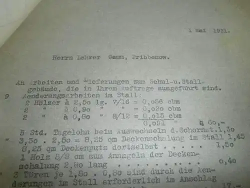 Zahlungen für Schulhausbau Pribbenow i. Mecklenburg , 1931 , Dampfsägewerk Strubelt in Gielow , alte Dokumente !!!