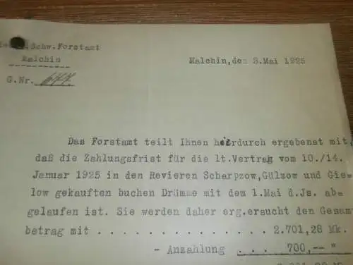 Forstamt Malchin i. Mecklenburg , 1925 , Scharpzow , Gülzow , Dargun und Gielow , alte Dokumente !!