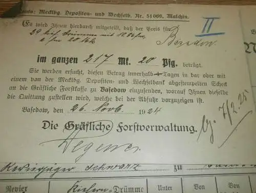 Gräfliche Forstverwaltung Basedow i. Mecklenburg , 1925 , alte Dokumente !!