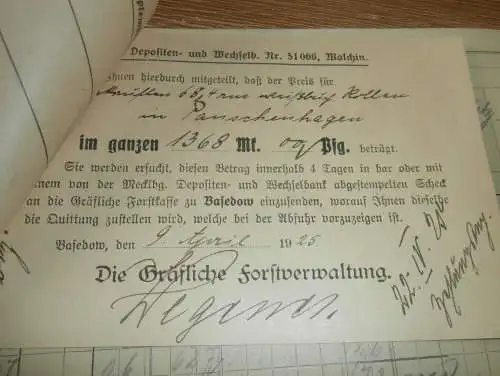 Gräfliche Forstverwaltung Basedow i. Mecklenburg , 1925 , alte Dokumente !!