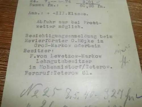 Gutsbesitzer F. von Levetzow in Groß Markow i. Mecklenburg , 1925 , Eichen , Lelkendorf , Teterow , altes Dokument !!