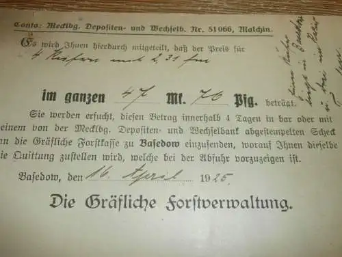 Gräfliche Forstverwaltung Basedow i. Mecklenburg , 1925 , altes Dokument !!