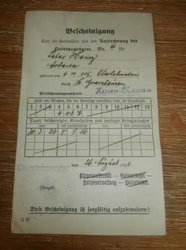 alte Bescheinigung Oberlahnstein Kr. Goarshausen , 1926 , Peter Heinz - Arbeiter , Hessen-Nassau !!