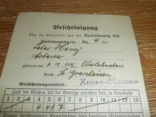 alte Bescheinigung Oberlahnstein Kr. Goarshausen , 1926 , Peter Heinz - Arbeiter , Hessen-Nassau !!