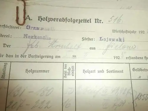 Holzvergabe Forst , 1925 - Oberförster - Neukenzlin , Grammentin und Wolfskuhle in Mecklenburg , 10x alte Dokumente !!