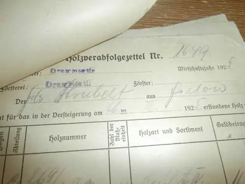 Holzvergabe Forst , 1925 - Oberförster - Neukenzlin , Grammentin und Wolfskuhle in Mecklenburg , 10x alte Dokumente !!