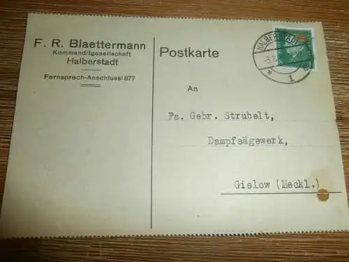 F.R. Blaettermann KG in Halberstadt , 1929 , Sägewerk Strubelt in Gielow , alte Karte !!!