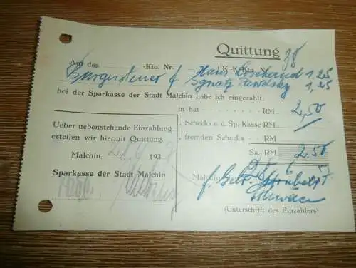 Sparkasse Malchin i. Mecklenburg , 1937, Bürgersteuer , Ignatz Pawolsky , Quittung !!!