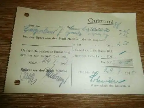 Sparkasse Malchin i. Mecklenburg , 1937, Bürgersteuer , Ignatz Pawolsky , Quittung !!!