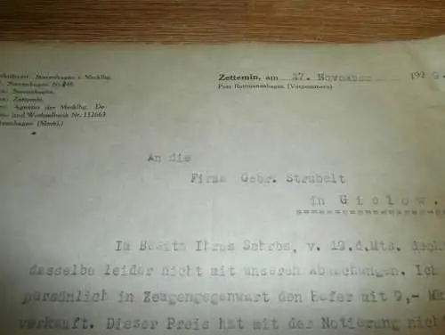 Gutsverwaltung Zettemin b. Stavenhagen / Rottmannshagen , 1929 , Sägewerk Strubelt in Gielow , altes Dokument !!!