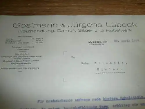 Sägewerk Gostmann und Jürgens in Lübeck , 1929 , Sägewerk Strubelt in Gielow , altes Dokument !!!