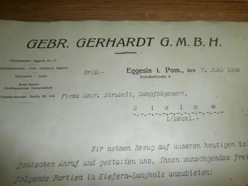 Gebr. Gerhardt in Eggesin i. Pommern , 1929 , Sägewerk Strubelt in Gielow , altes Dokument !!!