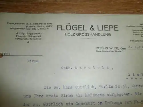 Flögel und Liepe - Sägewerk Templin , 1929 , Dampfsägewerk Strubelt in Gielow , altes Dokument !!!