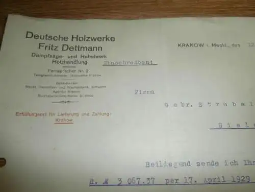 Deutsche Holzwerke in Krakow i. Mecklenburg , 1929 , Dampfsägewerk Strubelt in Gielow , altes Dokument !!!