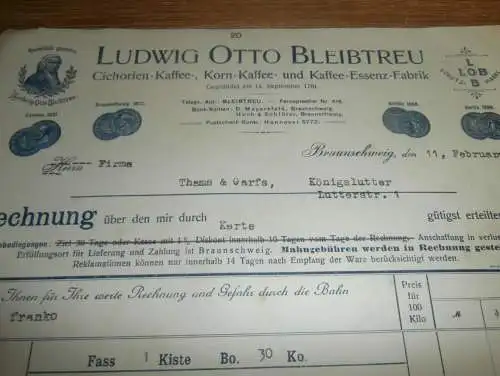 Ludwig Otto Bleibtreu in Braunschweig , Kaffeee Fabrik , 1926 , Thams & Garfs Königlutter , alte Rechnung !!!