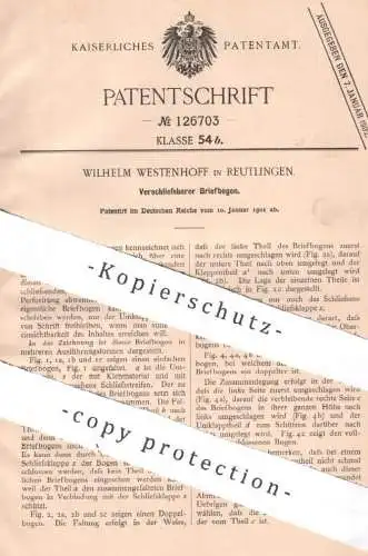 original Patent - Wilhelm Westenhoff , Reutlingen , 1901 , Verschließbarer Briefbogen | Brief , Briefe , Kuvert , Papier