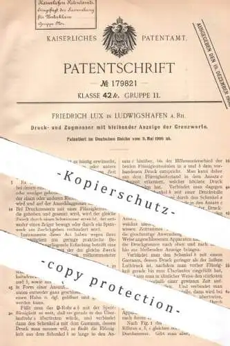 original Patent - Friedrich Lux , Ludwigshafen | 1906 | Druckmesser u. Zugmesser mit Anzeige | Druck messen