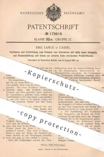 original Patent - Emil Lange , Cassel / Kassel | 1904 | Pressen von Glasröhren | Glasrohr , Glas , Gläser | Presse