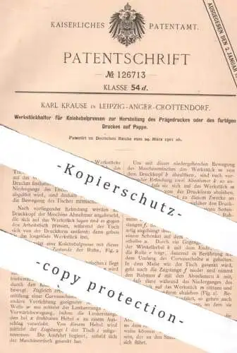 original Patent - Karl Krause , Leipzig / Anger / Crottendorf | 1901 | Werkstückhalter f. Kniehebelpresse | Druck Prägen