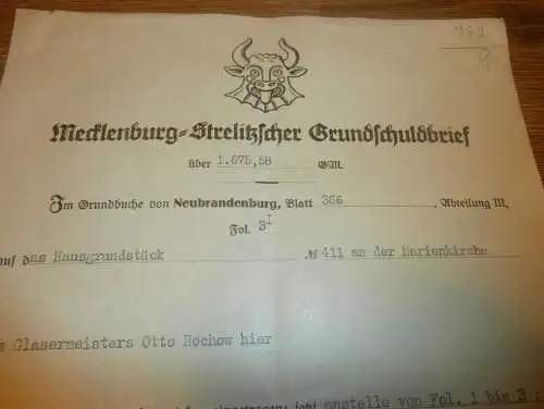 Grundschuldbrief , Neubrandenburg 1929 , Otto Rochow an der Marienkirche , Gold , Mecklenburg !!