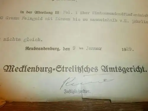 Grundschuldbrief , Neubrandenburg 1929 , Otto Rochow an der Marienkirche , Gold , Mecklenburg !!