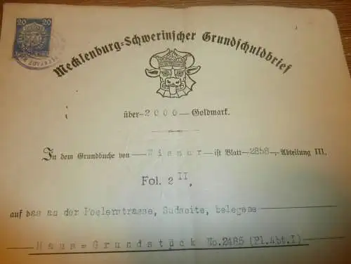 Grundschuldbrief , Wismar 1926 , Johann Scherff , Willi Techlin in Wismar, Gold , Mecklenburg !!