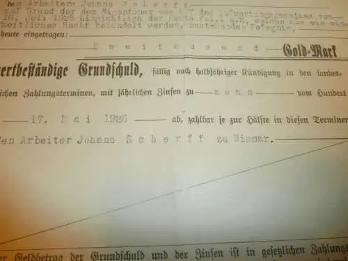 Grundschuldbrief , Wismar 1926 , Johann Scherff , Willi Techlin in Wismar, Gold , Mecklenburg !!