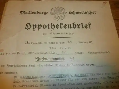 Hypothekenbrief , Neustadt-Glewe 1935 , Truppführer Paul Friedrich Simann , Warin , Wismar , Gold , Mecklenburg !