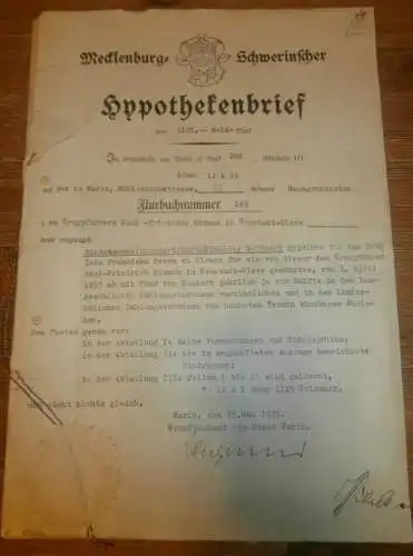 Hypothekenbrief , Neustadt-Glewe 1935 , Truppführer Paul Friedrich Simann , Warin , Wismar , Gold , Mecklenburg !