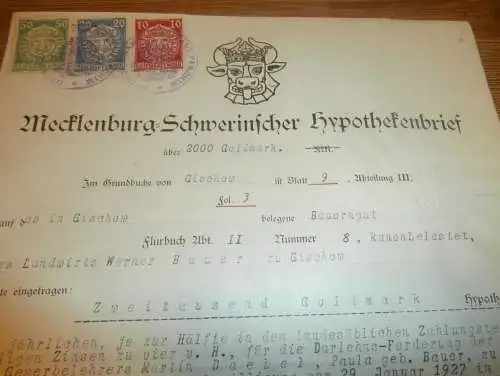 Hypothekenbrief , Bauerngut Gischow 1927 , Werner Bauer , Parchim , M. Daebel zu Lübeck , Gold , Mecklenburg !