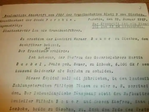 Hypothekenbrief , Bauerngut Gischow 1927 , Werner Bauer , Parchim , M. Daebel zu Lübeck , Gold , Mecklenburg !