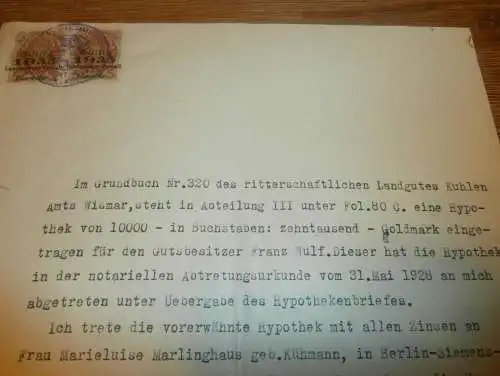 Landgut Kuhlen - Wendorf , 1935 , M. Marlinghaus , Landwirt Timm in Holm b. Dassow , Dokument Mecklenburg !