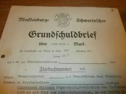 Grundschuldbrief , Neustadt-Glewe 1935 , Truppführer Paul Friedrich , Warin , Gold , Mecklenburg !