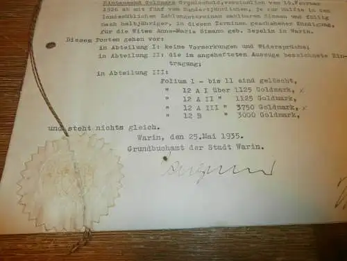 Grundschuldbrief , Neustadt-Glewe 1935 , Truppführer Paul Friedrich , Warin , Gold , Mecklenburg !