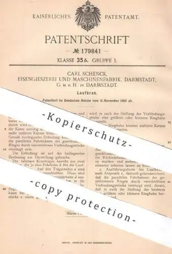 original Patent -  Carl Schenck , Eisengießerei & Maschinenfabrik Darmstadt GmbH | 1905 | Laufkran | Kran , Kräne