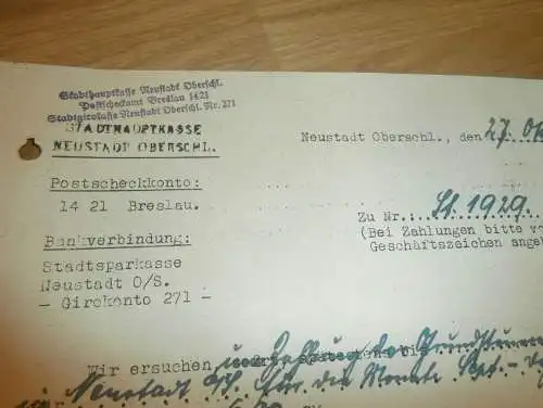 Hauptkasse Neustadt i. Oberschlesien / Prudnik , 1941 , Breslau , Strubelt in Gielow in Mecklenburg , altes Dokument !!