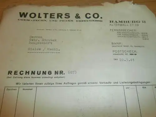 Wolters & Co. in Hamburg , 1941 , Chemie und Pharmazie , Woltol , Strubelt in Gielow in Mecklenburg , altes Dokument !!